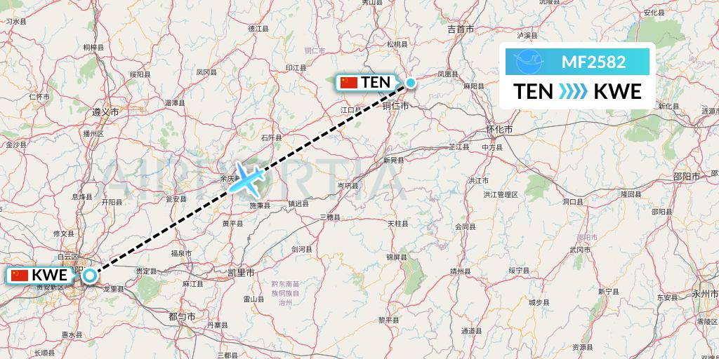 MF2582 Xiamen Airlines Flight Map: Tongren to Guiyang