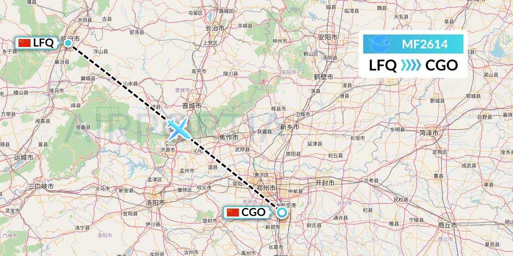 MF2614 Xiamen Airlines Flight Map: Yulin to Zhengzhou