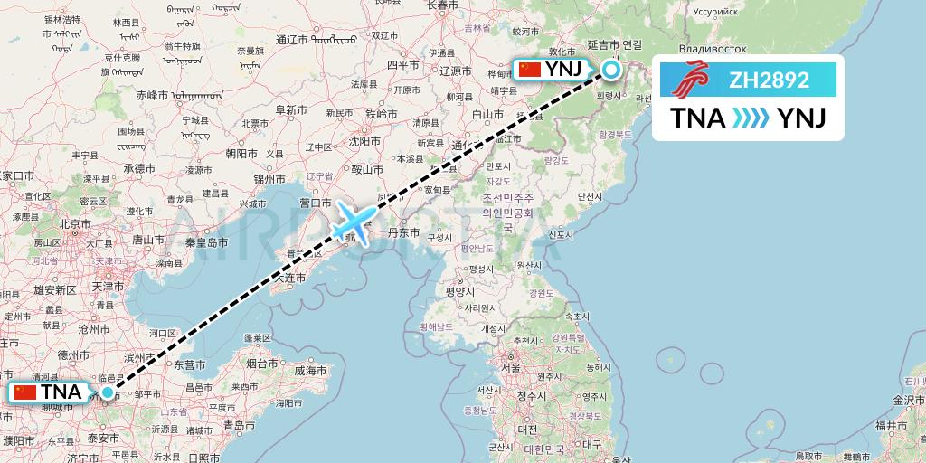 ZH2892 Shenzhen Airlines Flight Map: Jinan to Yanji