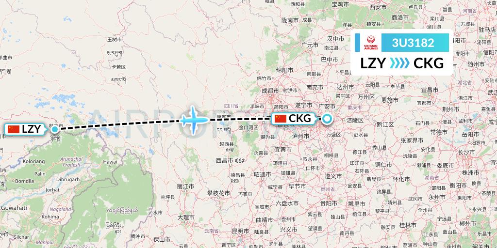 3U3182 Sichuan Airlines Flight Map: Nyingchi to Chongqing