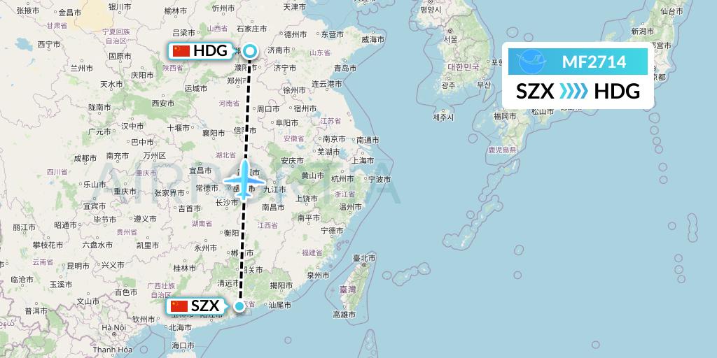 MF2714 Xiamen Airlines Flight Map: Shenzhen to Handan
