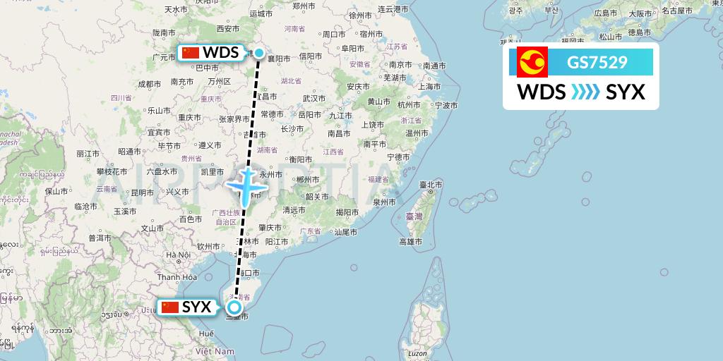 GS7529 Tianjin Airlines Flight Map: Shiyan to Sanya