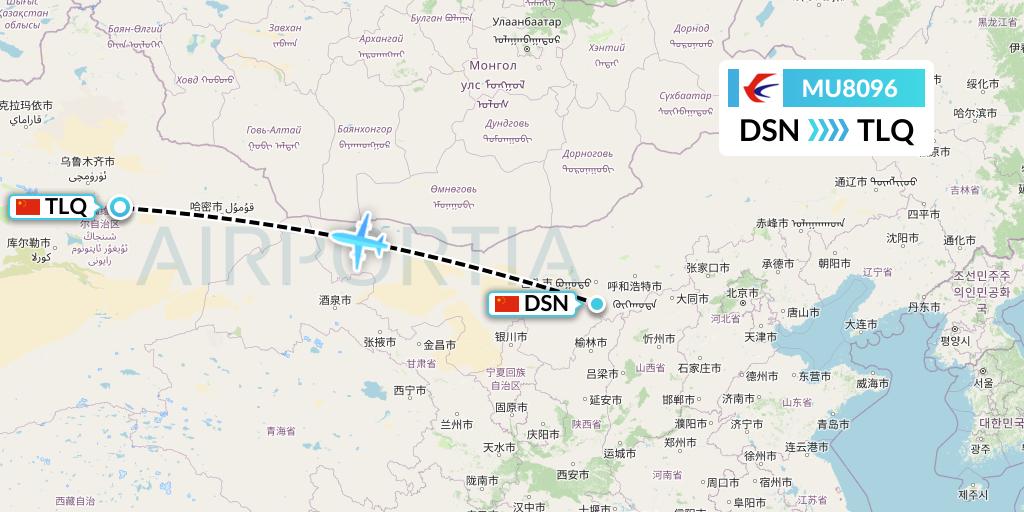 MU8096 China Eastern Airlines Flight Map: Dongsheng to Turpan