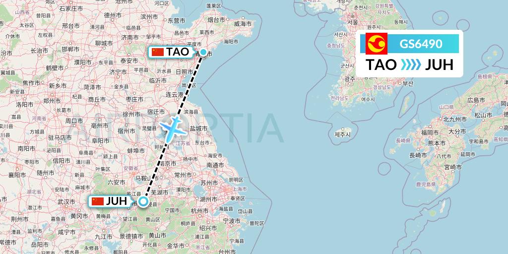 GS6490 Tianjin Airlines Flight Map: Qingdao to Chizhou