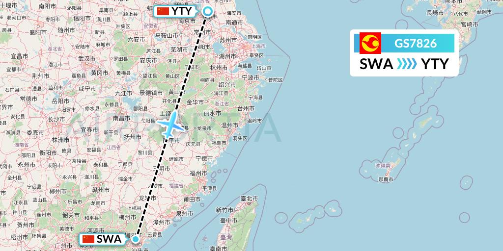 GS7826 Tianjin Airlines Flight Map: Jieyang to Yangzhou