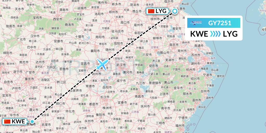 GY7251 Colorful GuiZhou Airlines Flight Map: Guiyang to Lianyungang