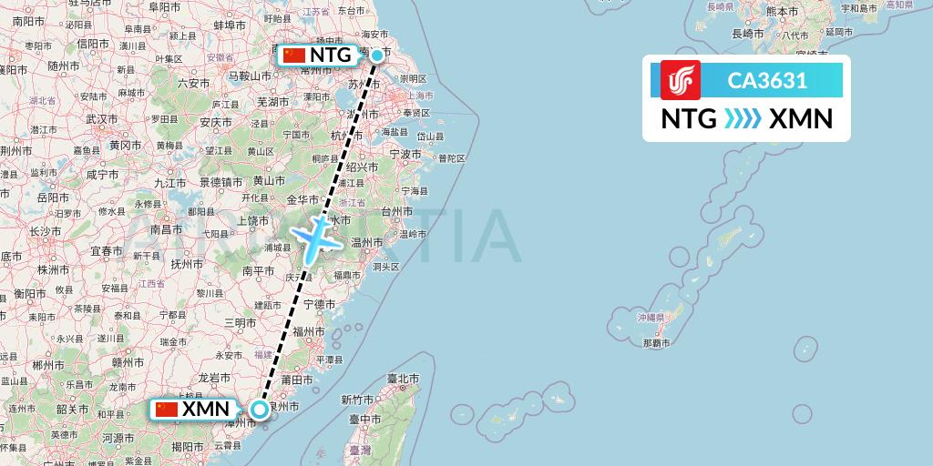 CA3631 Air China Flight Map: Nantong to Xiamen