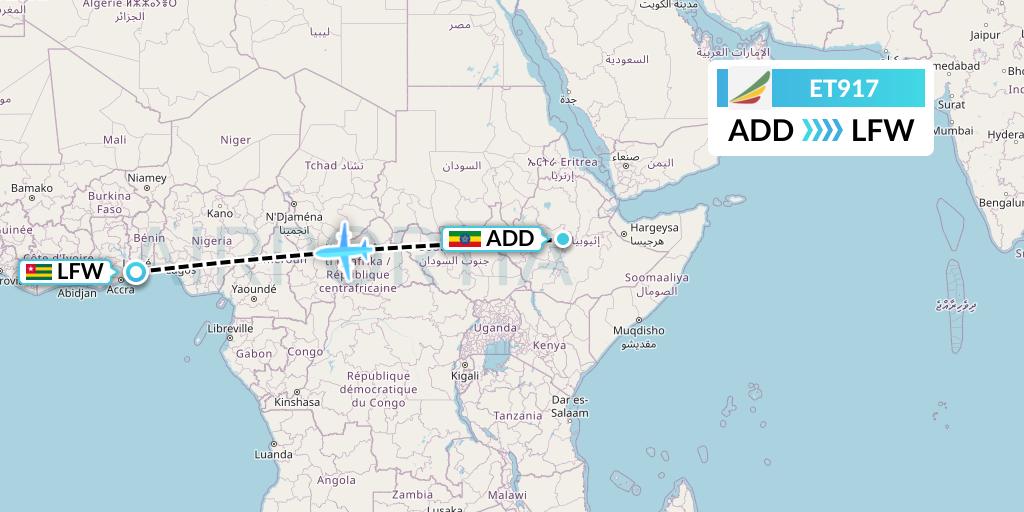 ET917 Ethiopian Airlines Flight Map: Addis Ababa to Lome
