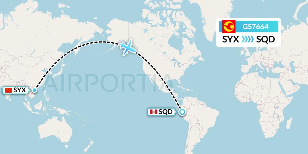 GS7664 Tianjin Airlines Flight Map: Sanya to San Francisco de Yeso