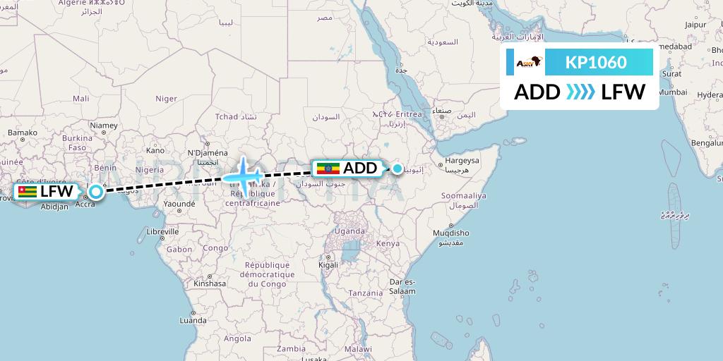 KP1060 ASKY Flight Map: Addis Ababa to Lome
