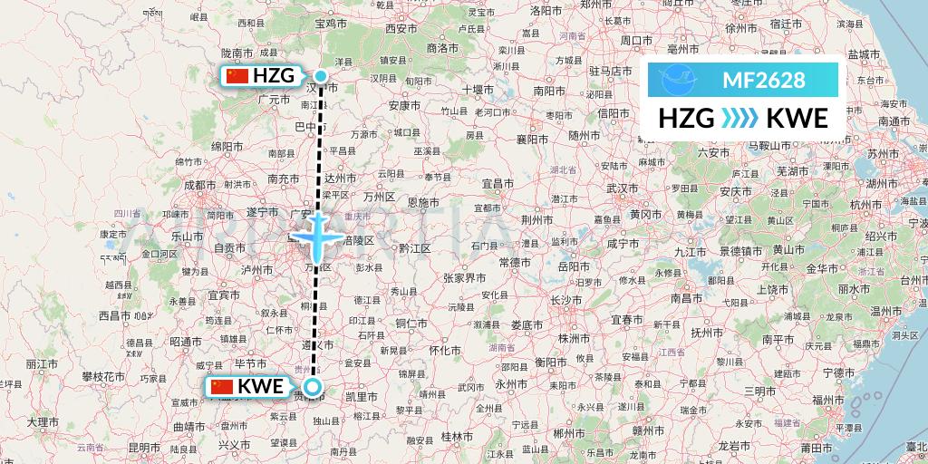 MF2628 Xiamen Airlines Flight Map: Hanzhong to Guiyang