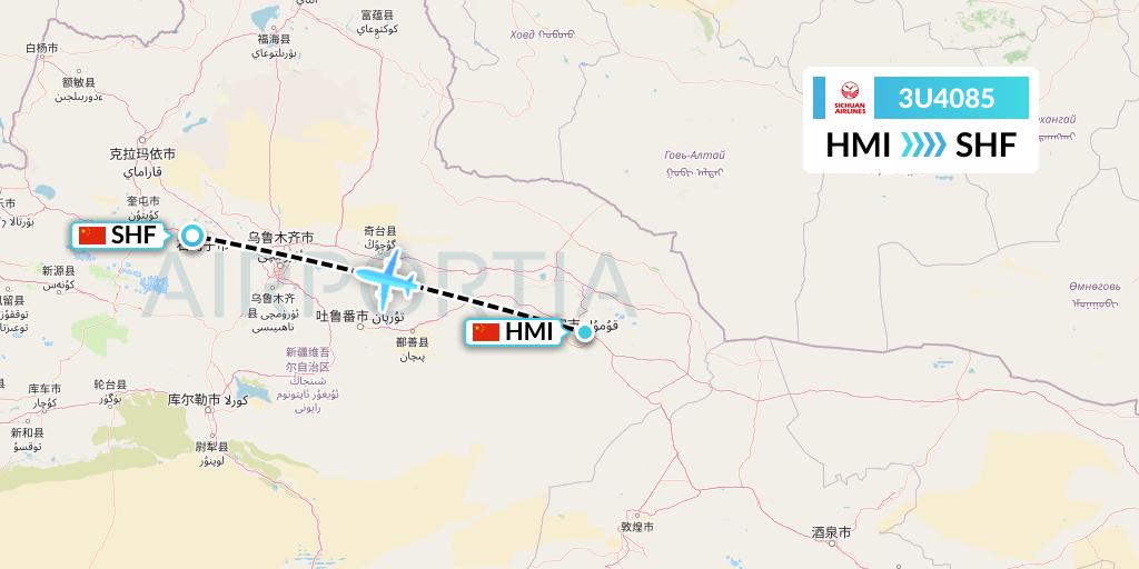 3U4085 Sichuan Airlines Flight Map: Hami City to Shihezi