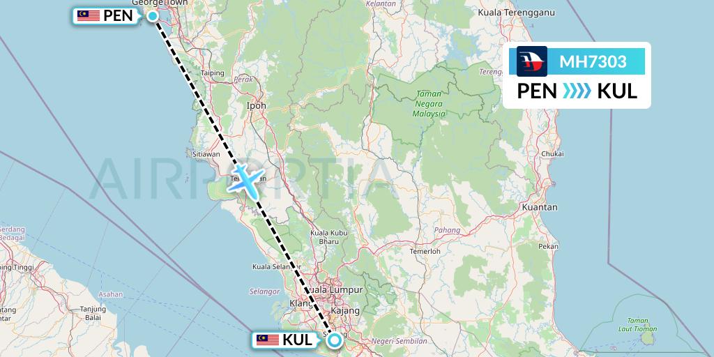 MH7303 Malaysia Airlines Flight Map: Penang to Kuala Lumpur