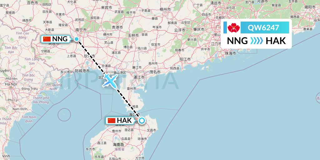QW6247 Qingdao Airlines Flight Map: Nanning to Haikou