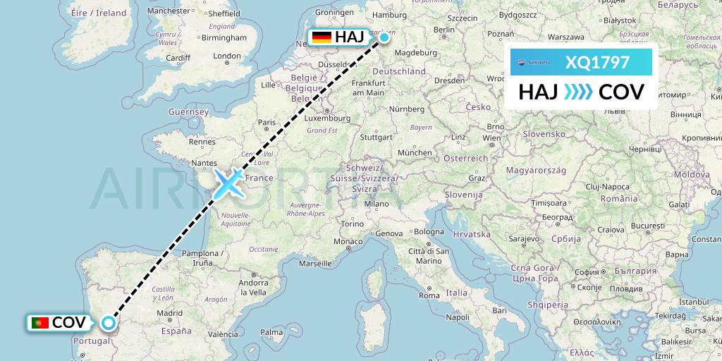 XQ1797 SunExpress Flight Map: Hannover to Portugal