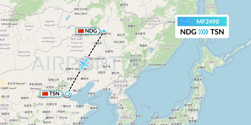 MF2490 Xiamen Airlines Flight Map: Qiqihar to Tianjin