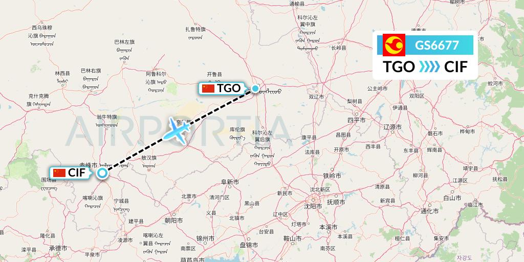 GS6677 Tianjin Airlines Flight Map: Tongliao to Chifeng