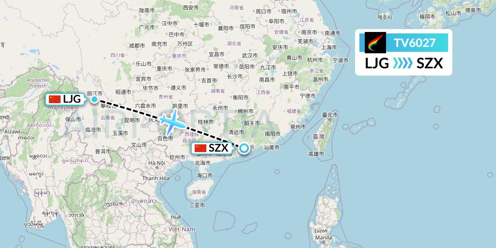 TV6027 Tibet Airlines Flight Map: Lijiang to Shenzhen