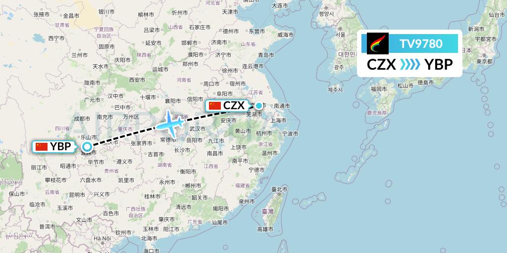 TV9780 Tibet Airlines Flight Map: Changzhou to Yibin