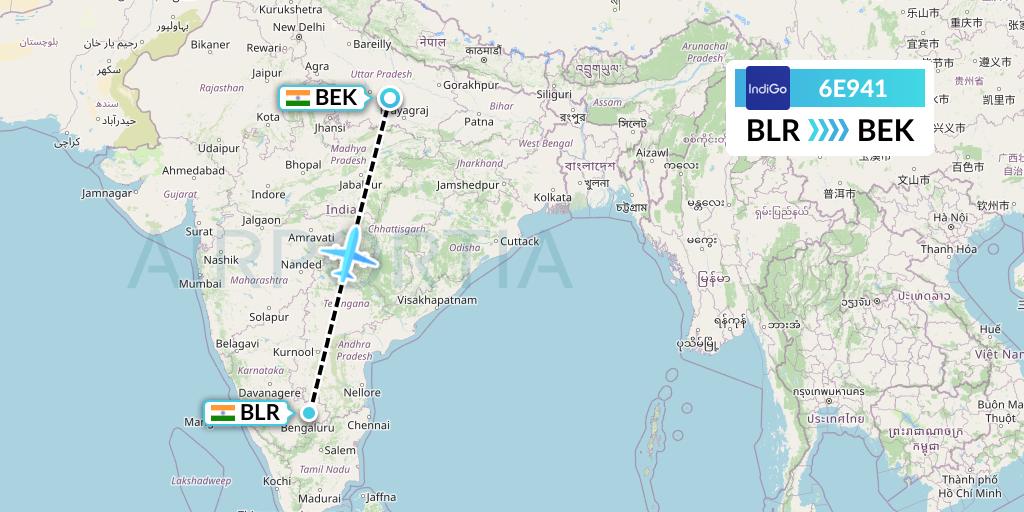6E941 IndiGo Airlines Flight Map: Bangalore to Bareli