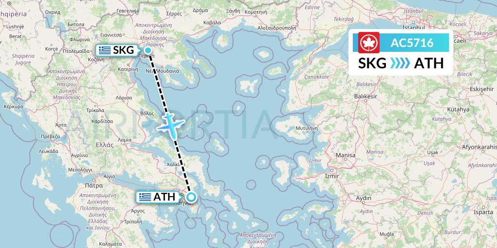 AC5716 Air Canada Flight Map: Thessaloniki to Athens