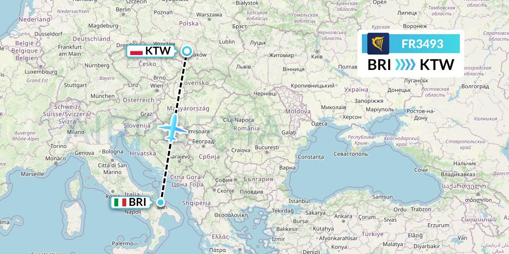 FR3493 Ryanair Flight Map: Bari to Katowice