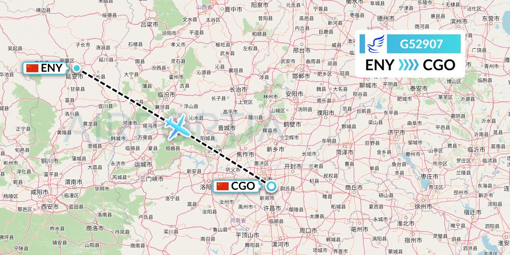 G52907 China Express Airlines Flight Map: Yan'an to Zhengzhou