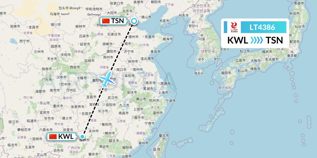 LT4386 LongJiang Airlines Flight Map: Guilin to Tianjin