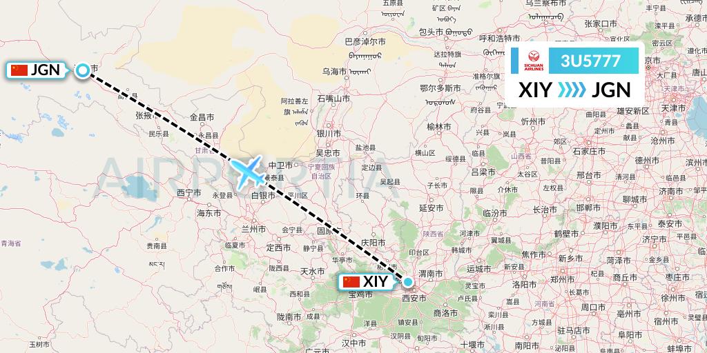 3U5777 Sichuan Airlines Flight Map: Xi'an to Jiayuguan