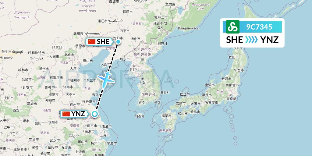 9C7345 Spring Airlines Flight Map: Shenyang to Yancheng