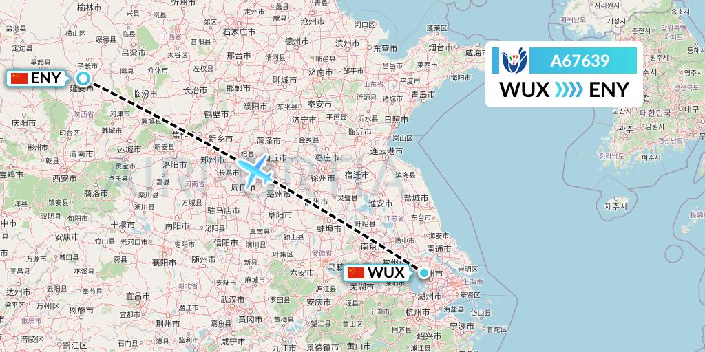 A67639 Hongtu Airlines Flight Map: Wuxi to Yan'an