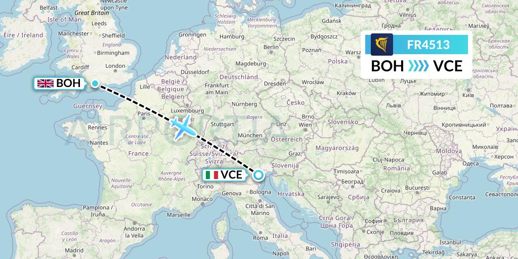 FR4513 Ryanair Flight Map: Bournemouth to Venice