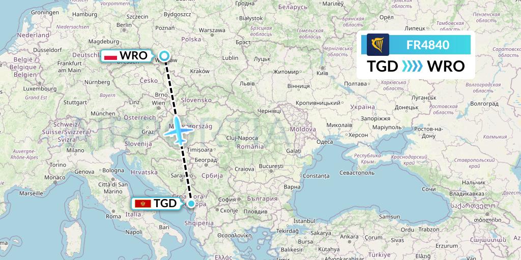 FR4840 Ryanair Flight Map: Podgorica to Wroclaw
