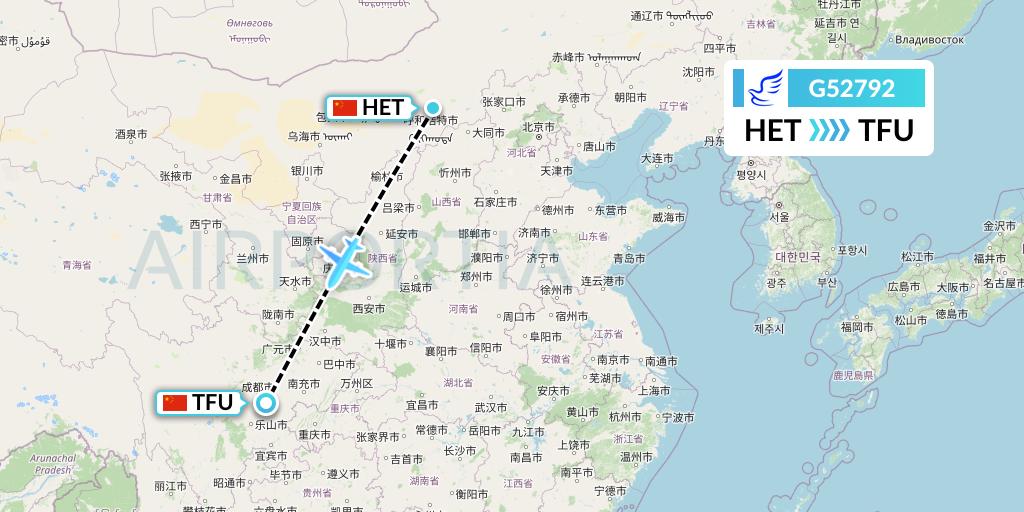 G52792 China Express Airlines Flight Map: Hohhot to Chengdu