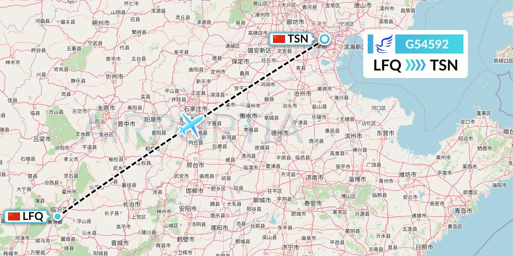 G54592 China Express Airlines Flight Map: Yulin to Tianjin