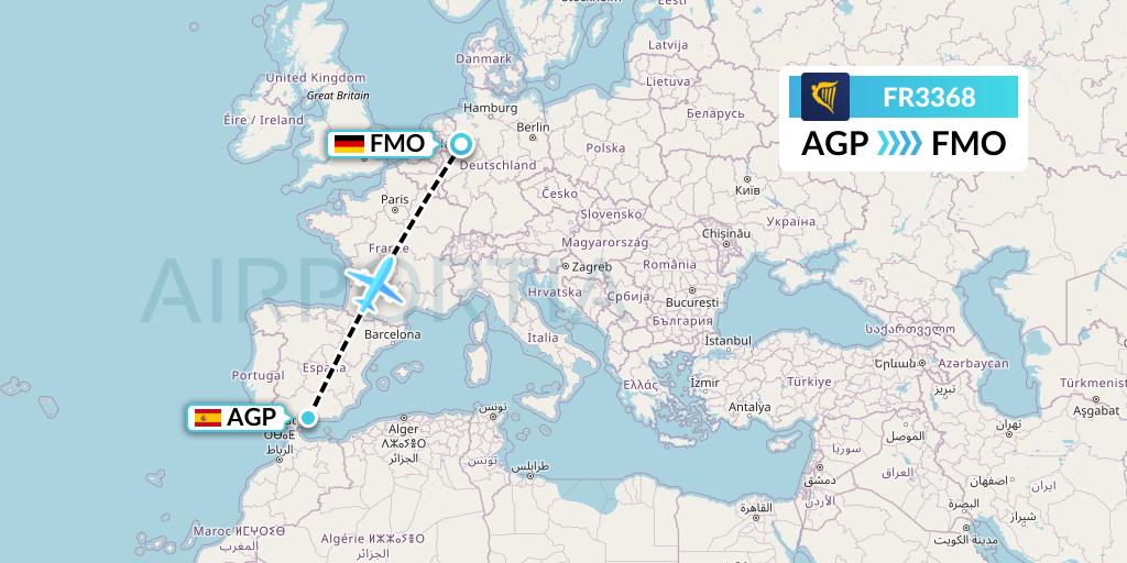 FR3368 Ryanair Flight Map: Malaga to Munster