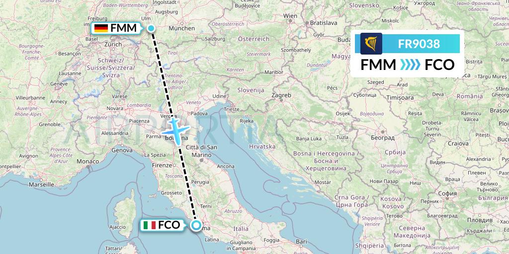 FR9038 Ryanair Flight Map: Memmingen to Rome