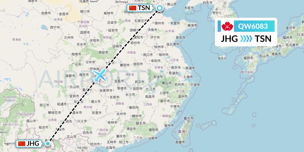 QW6083 Qingdao Airlines Flight Map: Jinghong to Tianjin
