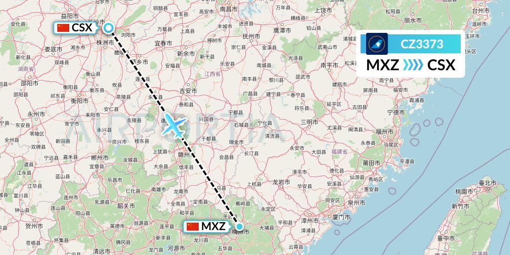 CZ3373 China Southern Airlines Flight Map: Meixian to Changsha