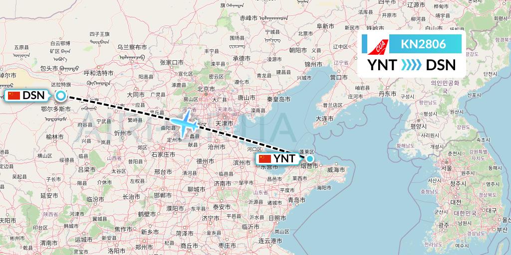 KN2806 China United Airlines Flight Map: Yantai to Dongsheng