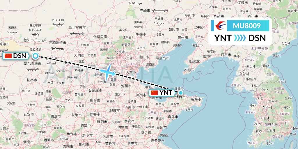 MU8009 China Eastern Airlines Flight Map: Yantai to Dongsheng