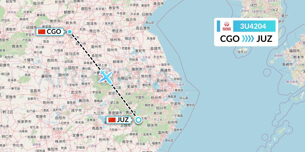 3U4204 Sichuan Airlines Flight Map: Zhengzhou to Quzhou