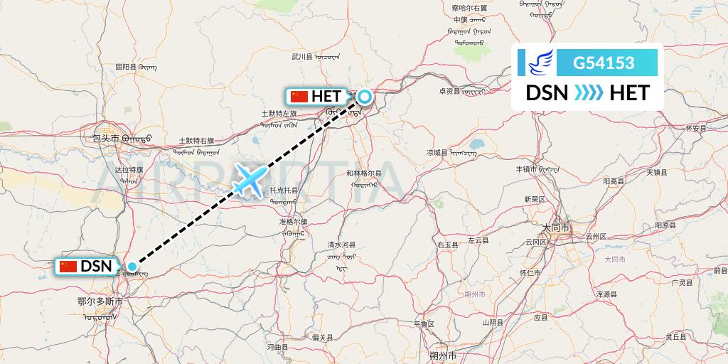 G54153 China Express Airlines Flight Map: Dongsheng to Hohhot