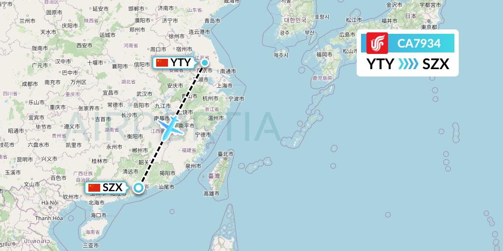 CA7934 Air China Flight Map: Yangzhou to Shenzhen