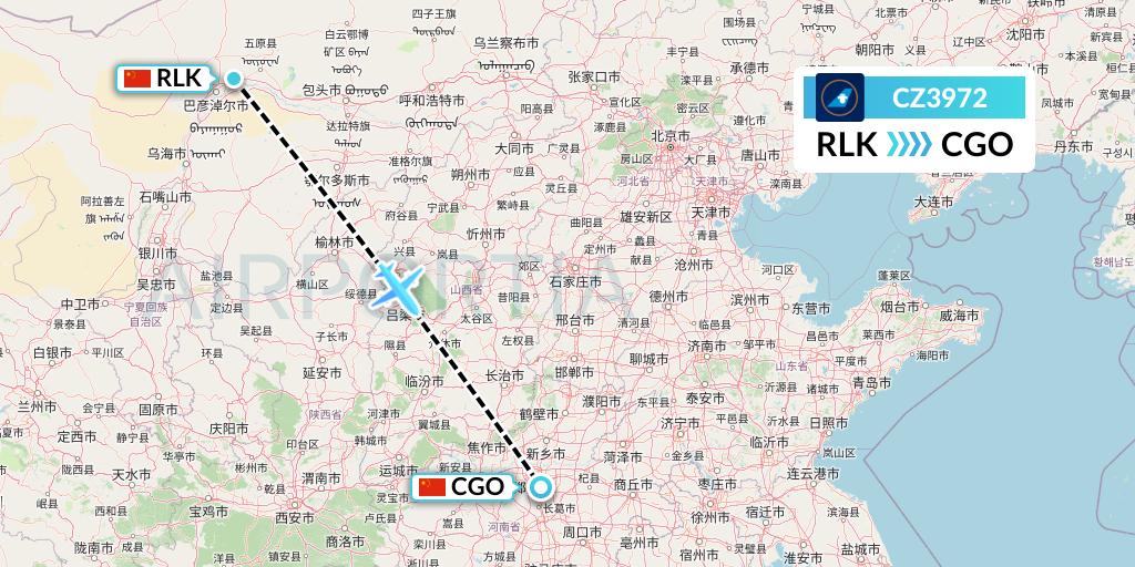 CZ3972 China Southern Airlines Flight Map: Bayannur to Zhengzhou