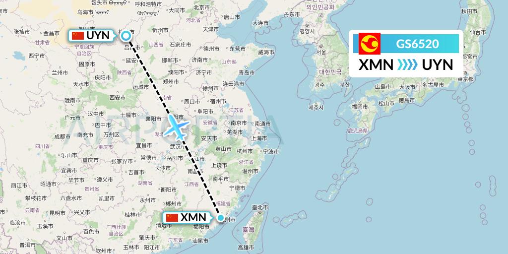 GS6520 Tianjin Airlines Flight Map: Xiamen to Yulin