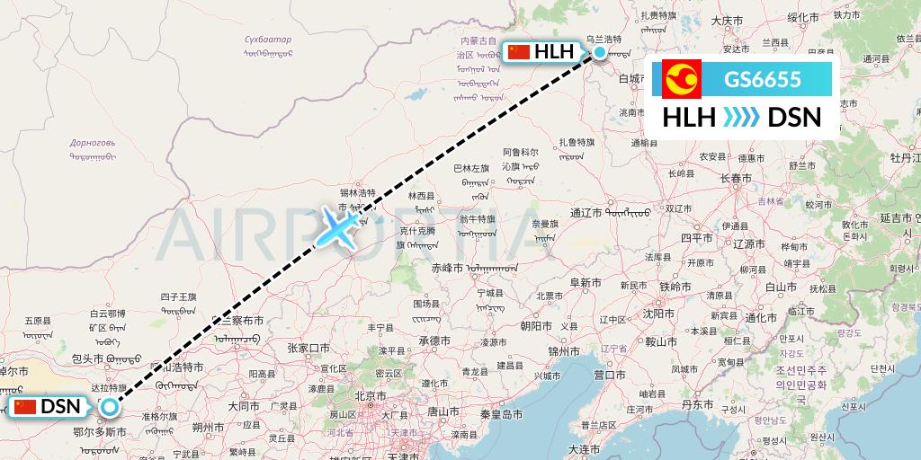 GS6655 Tianjin Airlines Flight Map: Ulanhot to Dongsheng