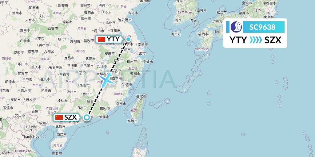 SC9638 Shandong Airlines Flight Map: Yangzhou to Shenzhen