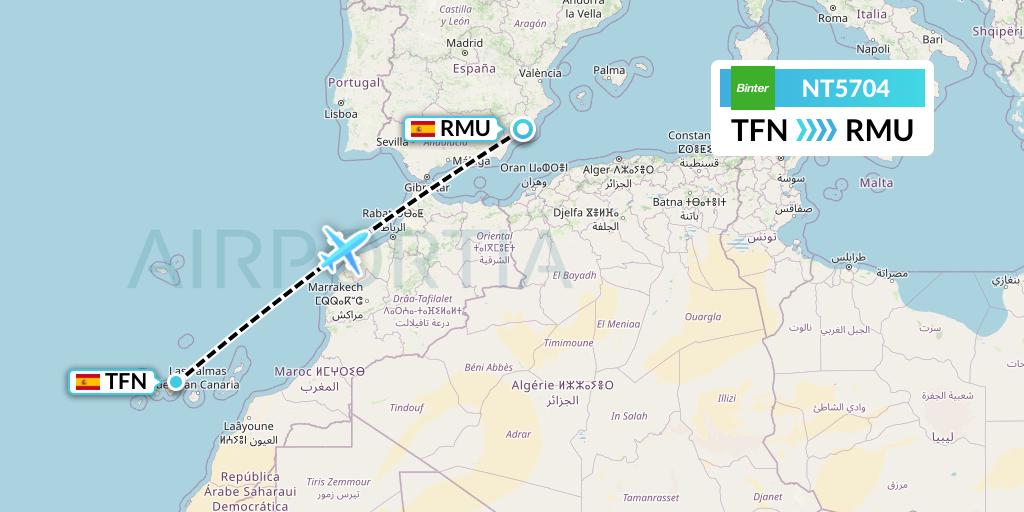 NT5704 Binter Canarias Flight Map: Tenerife to Murcia