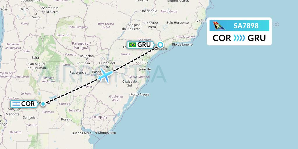 SA7898 South African Airways Flight Map: Cordoba to Sao Paulo